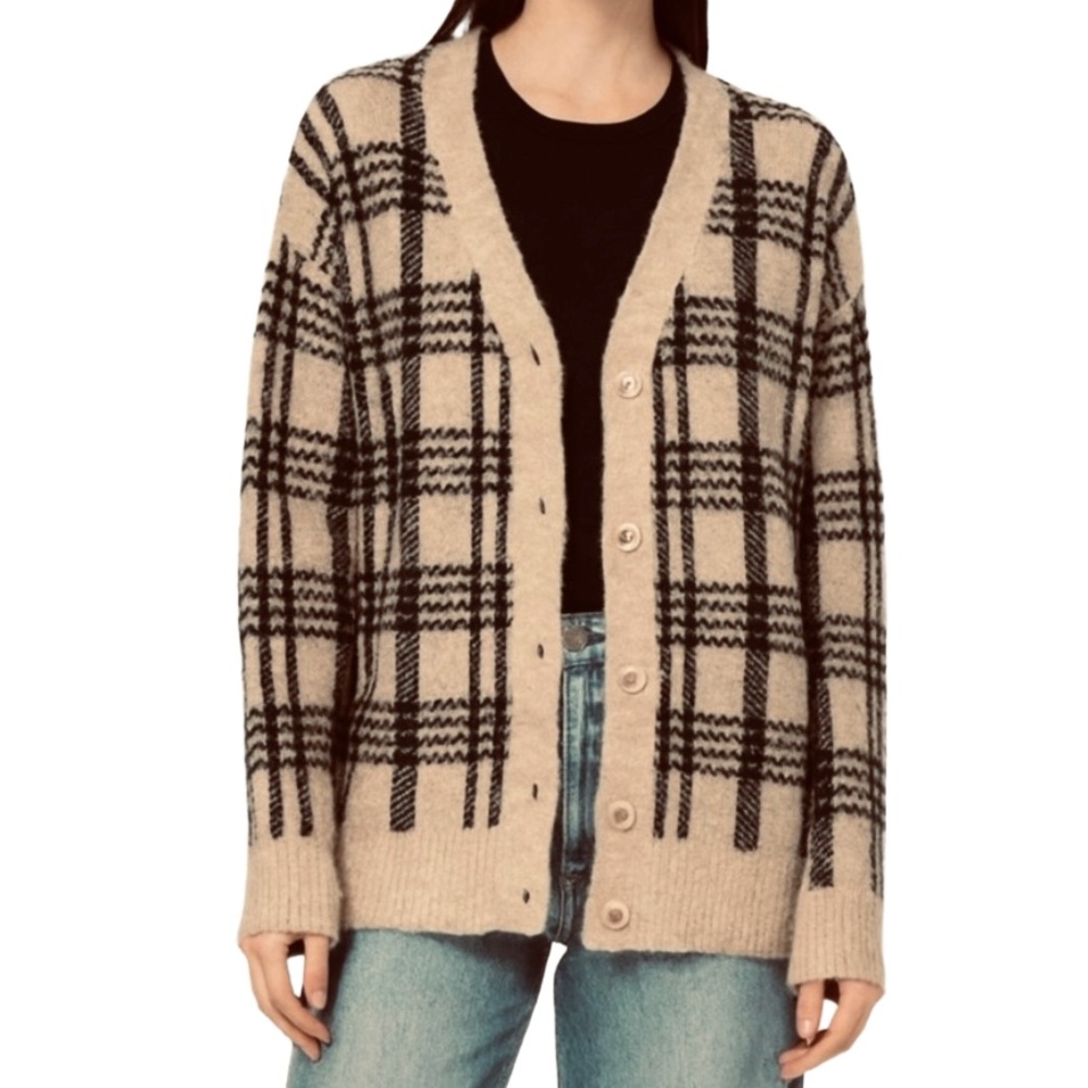Joie Window Pane Plaid Camel & Black Cardigan Very Soft - Picture 1 of 9